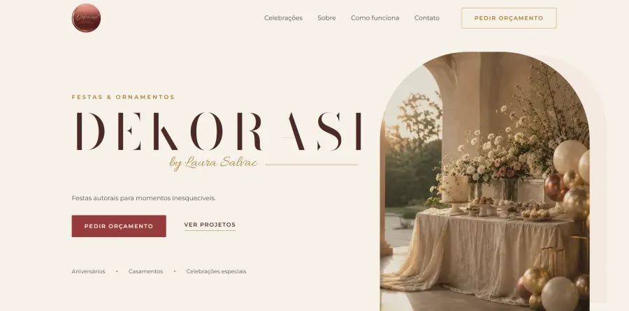 Site da Dekorasi, festas e ornamentos autorais, com galeria de celebrações