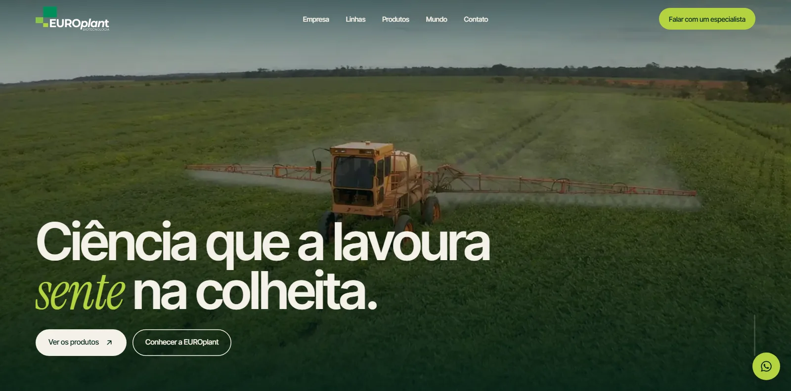 Site da EUROplant, biotecnologia agrícola, com ficha técnica por produto