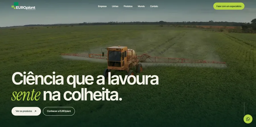 Site da EUROplant, biotecnologia agrícola, com ficha técnica por produto