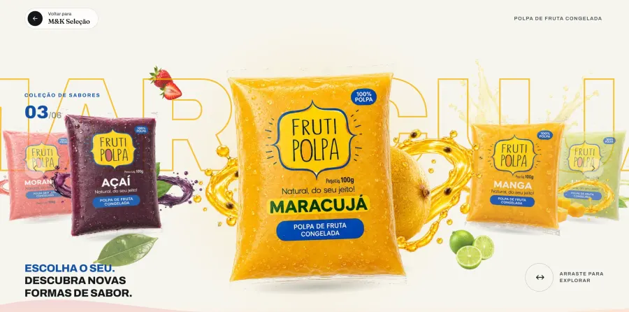 Site da Fruti Polpa, marca de polpa de fruta congelada, com vitrine de sabores