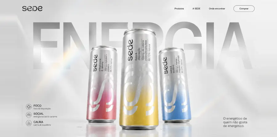 Landing page do SEDE, energético natural em três versões